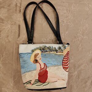 Vintage Beaded Woman on Beach Shoulder Bag, Excellent Used Condition! (EUC)
